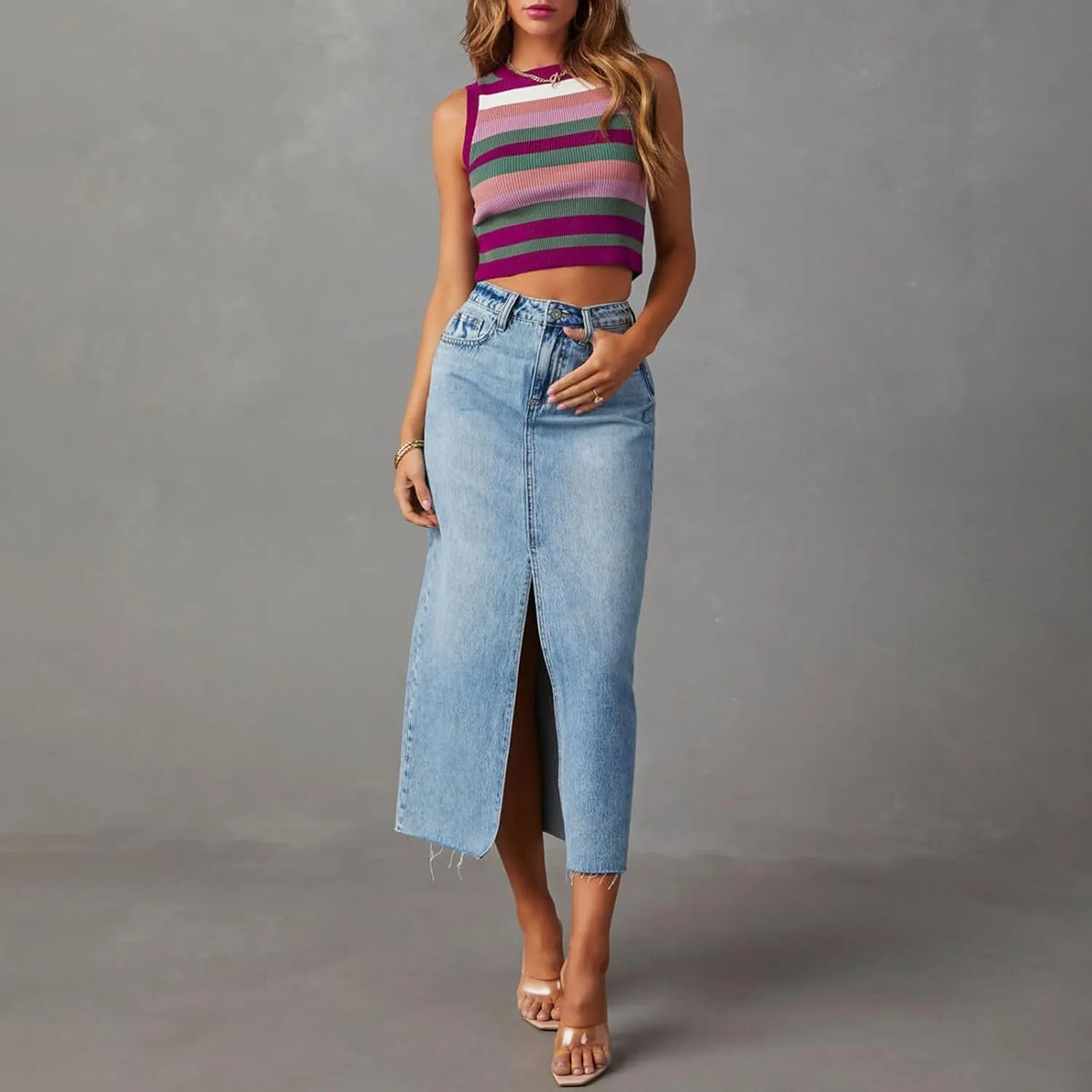 lisenraIn Women Long Denim Skirt Front Slit Maxi Skirt Y2K Fashion Streetwear High Waist Jean Skirt with Pockets