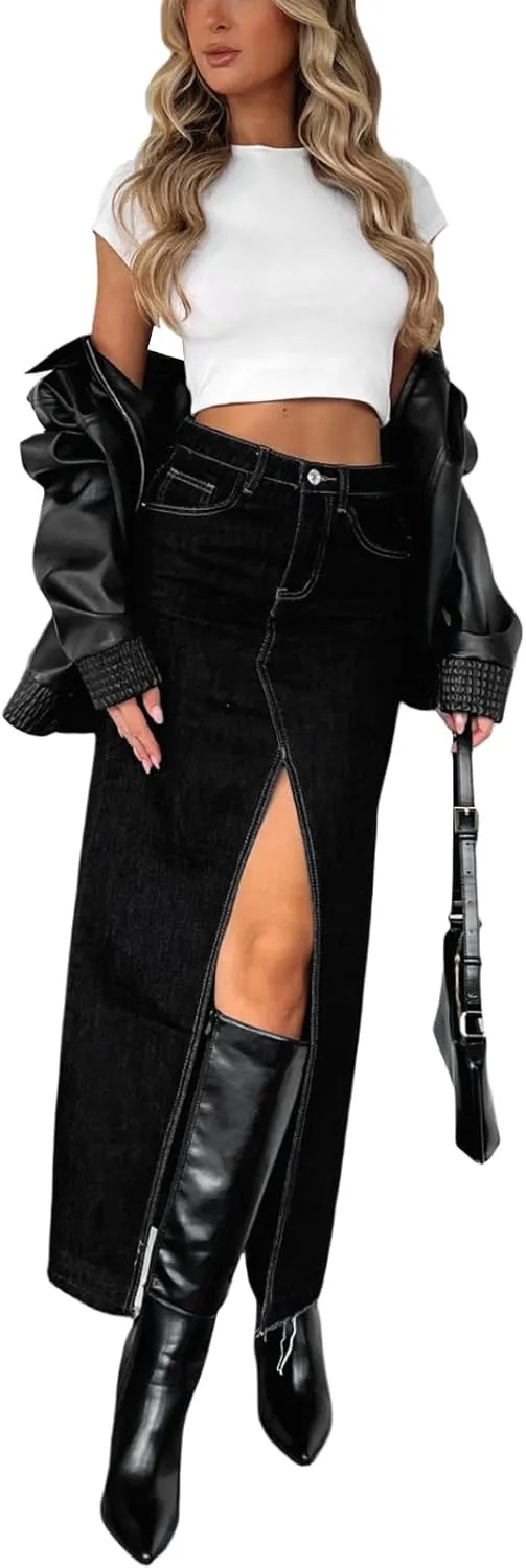 lisenraIn Women Long Denim Skirt Front Slit Maxi Skirt Y2K Fashion Streetwear High Waist Jean Skirt with Pockets