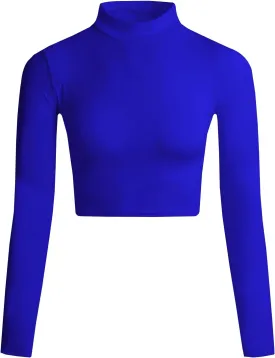 LONGBIDA Women's Long Sleeve Mock Neck Pure Soft Thin Sexy Stretch Crop TOP T Shirt