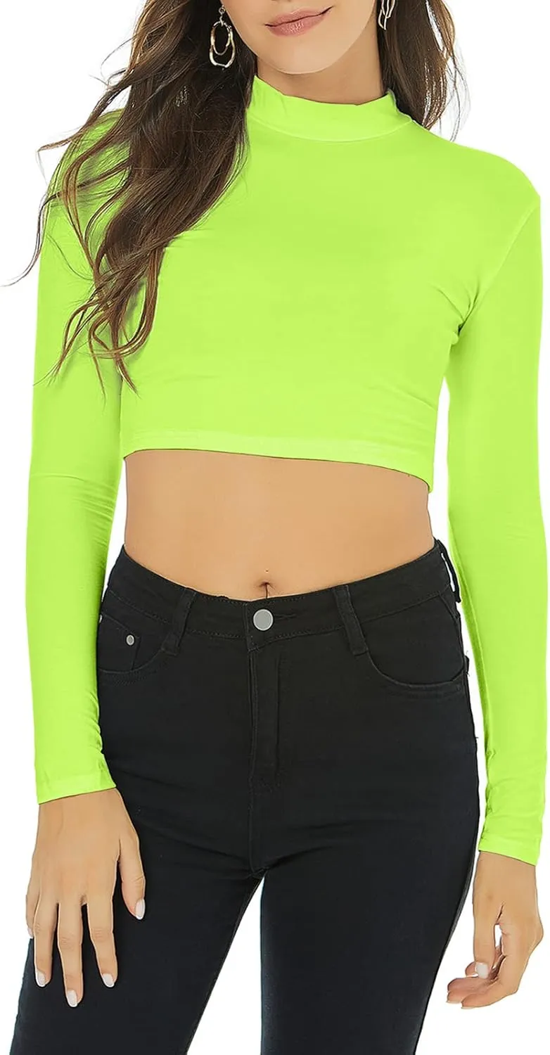LONGBIDA Women's Long Sleeve Mock Neck Pure Soft Thin Sexy Stretch Crop TOP T Shirt