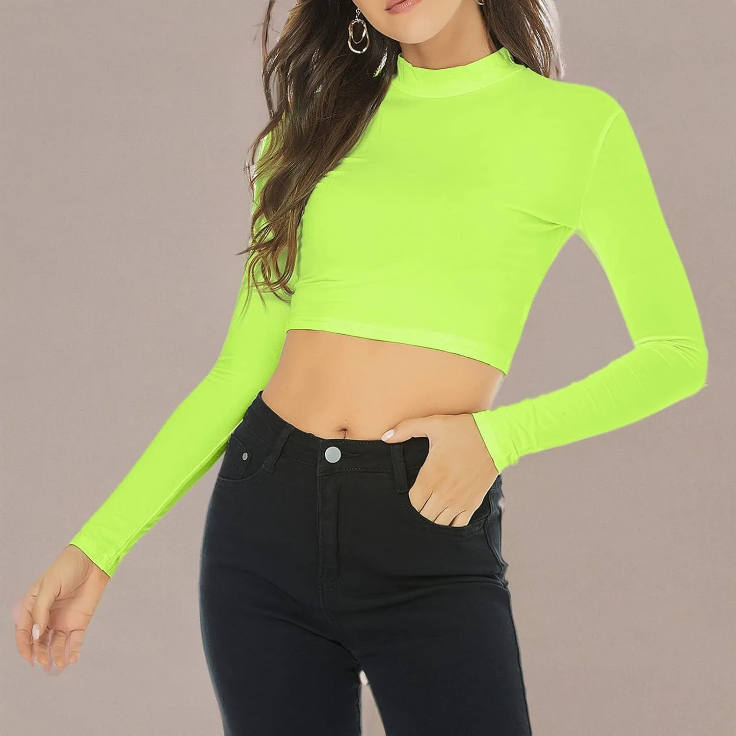 LONGBIDA Women's Long Sleeve Mock Neck Pure Soft Thin Sexy Stretch Crop TOP T Shirt