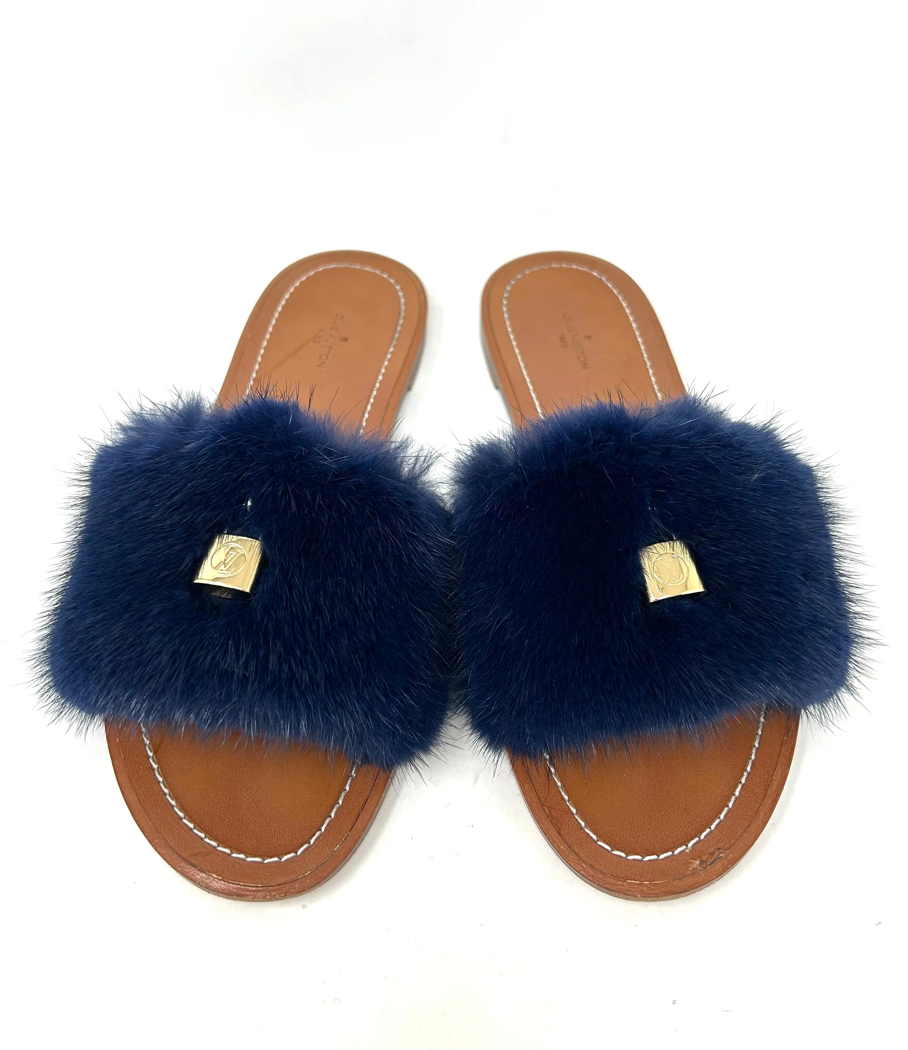 Louis Vuitton Lock It Brown Leather Dark Blue Mink Fur Slides Sandals 39 UK 6