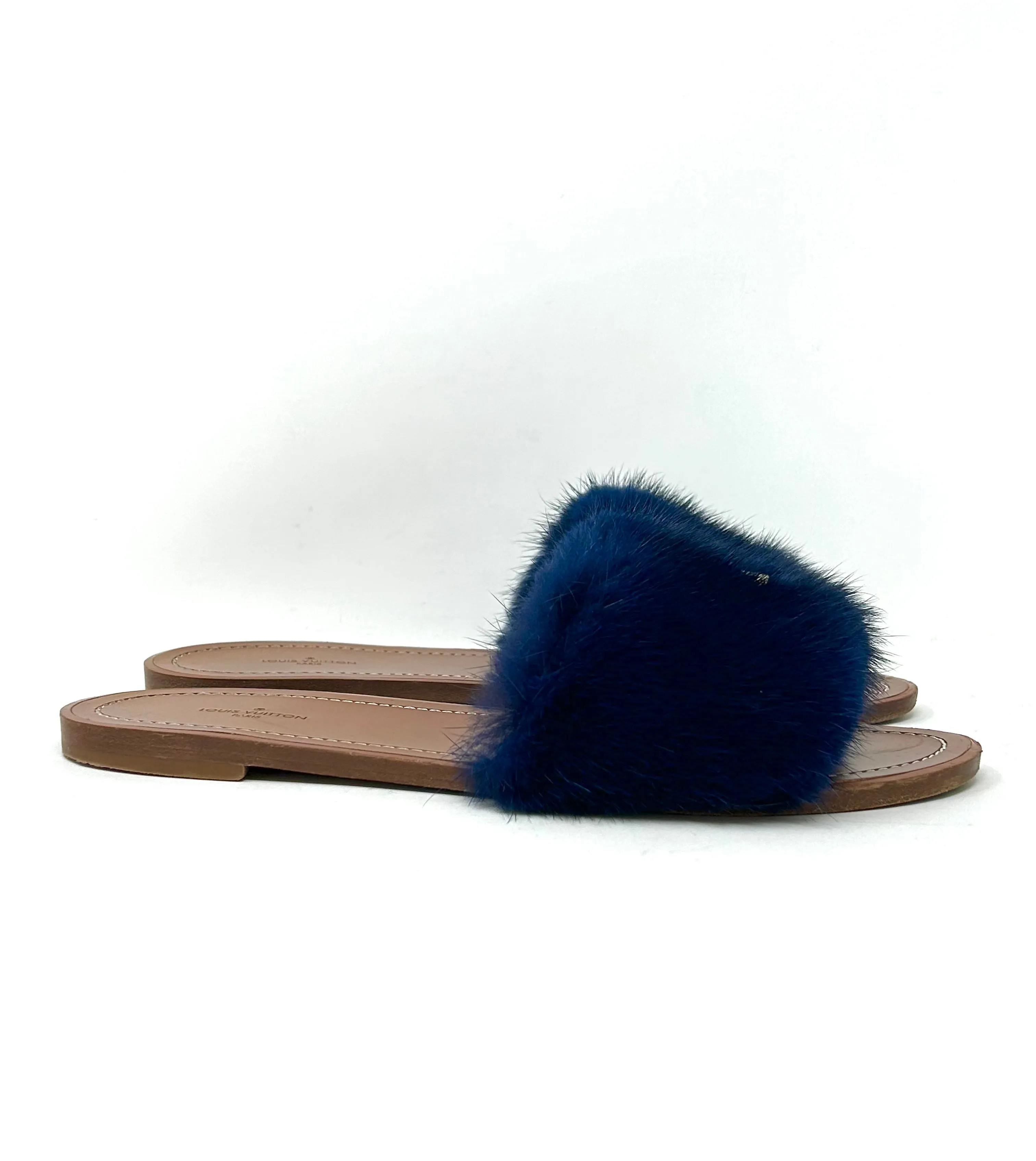 Louis Vuitton Lock It Brown Leather Dark Blue Mink Fur Slides Sandals 39 UK 6