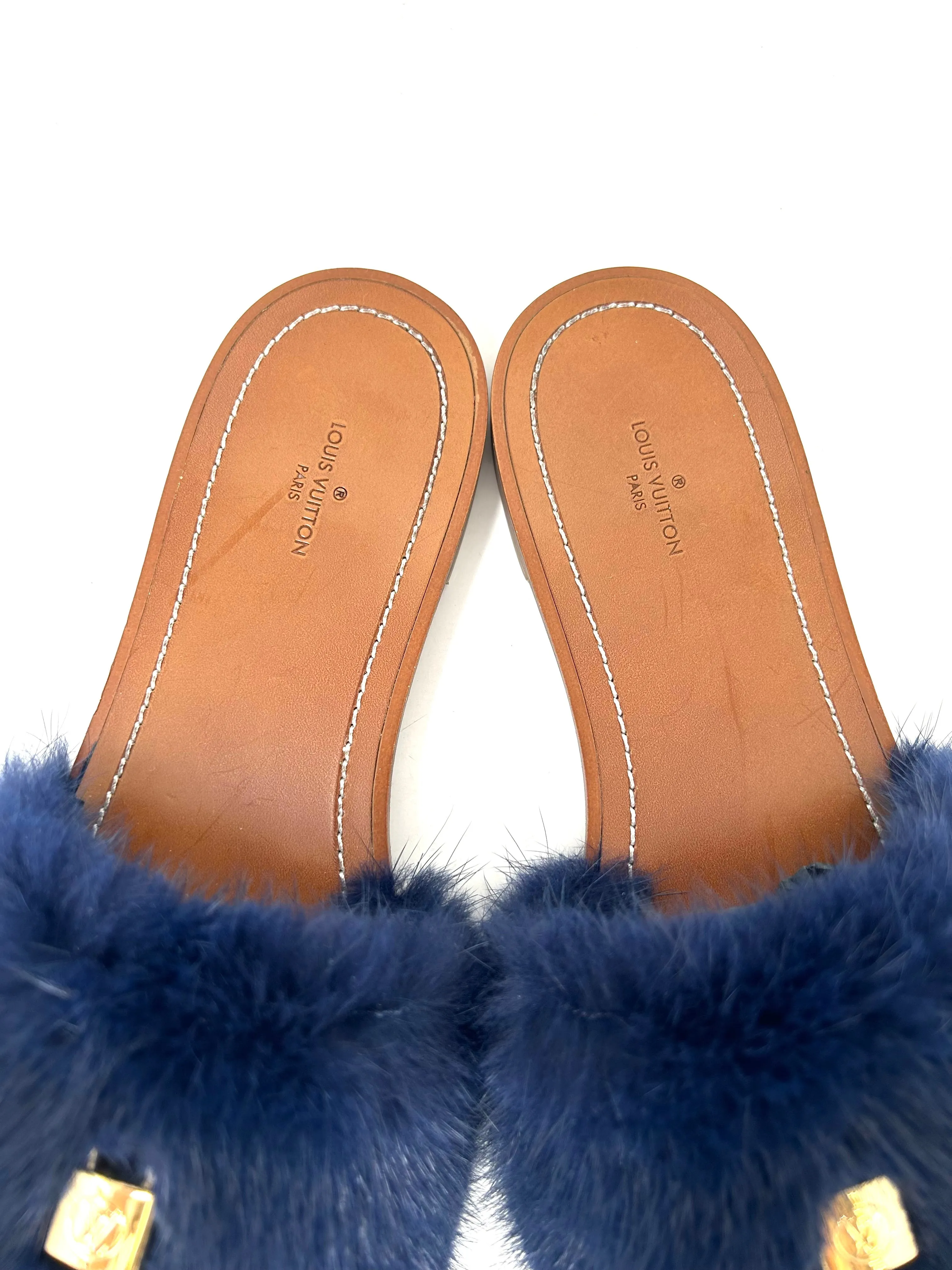Louis Vuitton Lock It Brown Leather Dark Blue Mink Fur Slides Sandals 39 UK 6