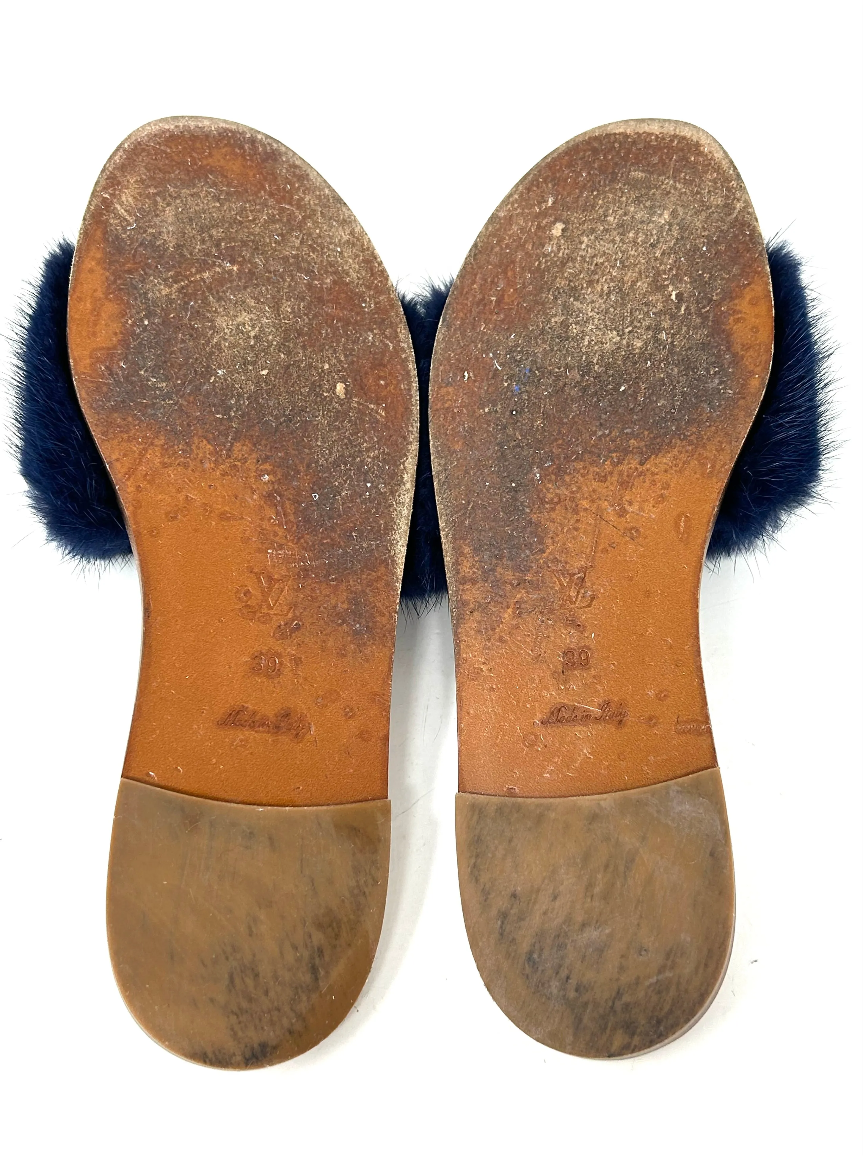 Louis Vuitton Lock It Brown Leather Dark Blue Mink Fur Slides Sandals 39 UK 6