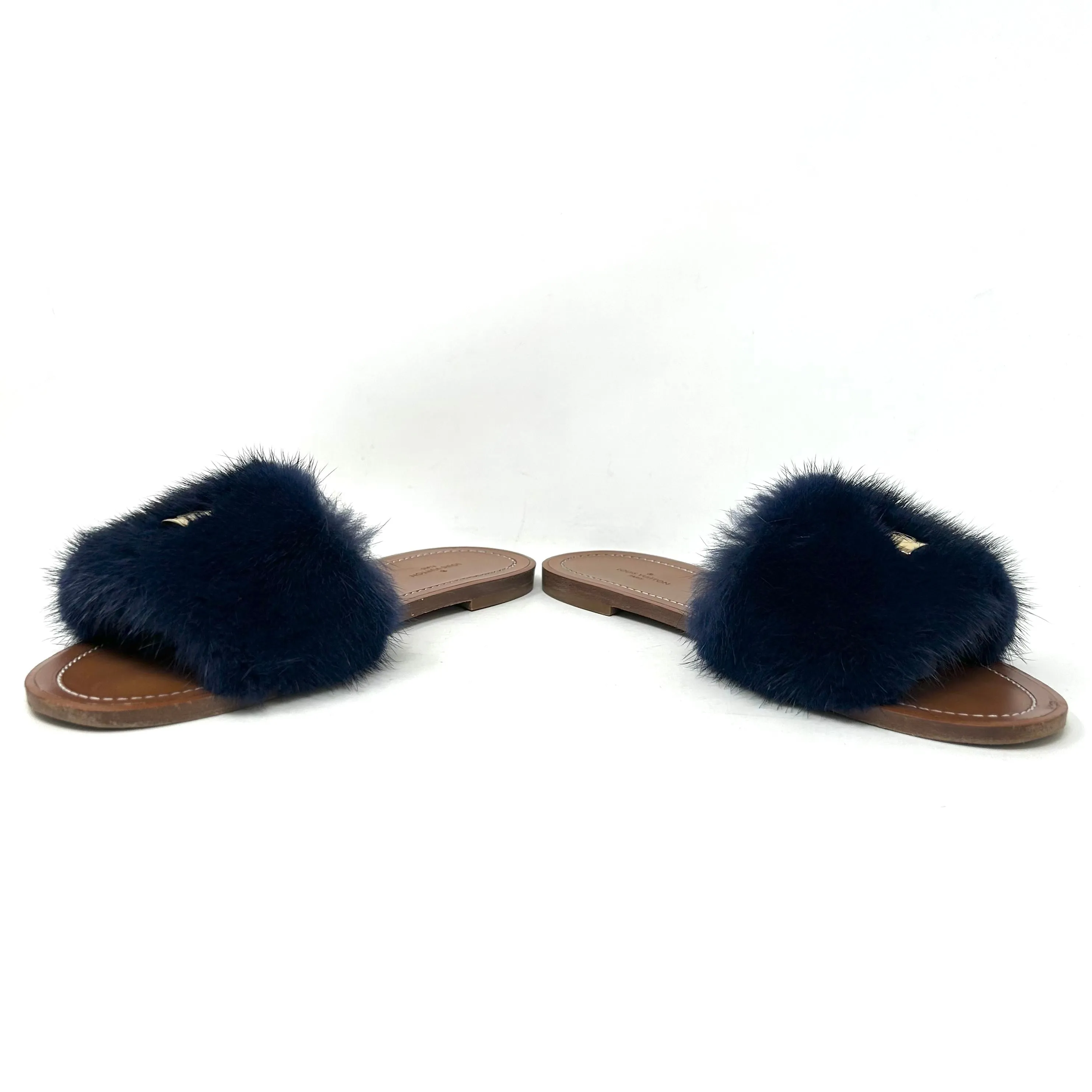 Louis Vuitton Lock It Brown Leather Dark Blue Mink Fur Slides Sandals 39 UK 6