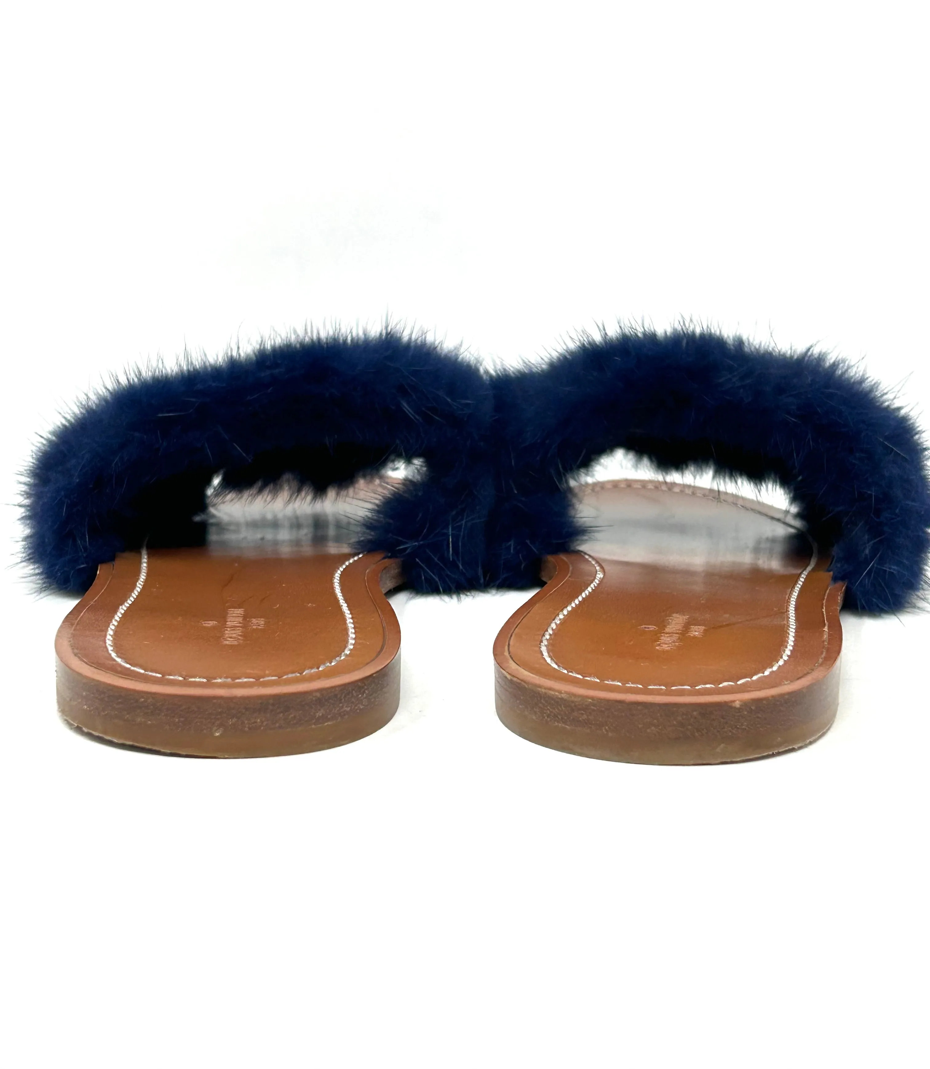 Louis Vuitton Lock It Brown Leather Dark Blue Mink Fur Slides Sandals 39 UK 6