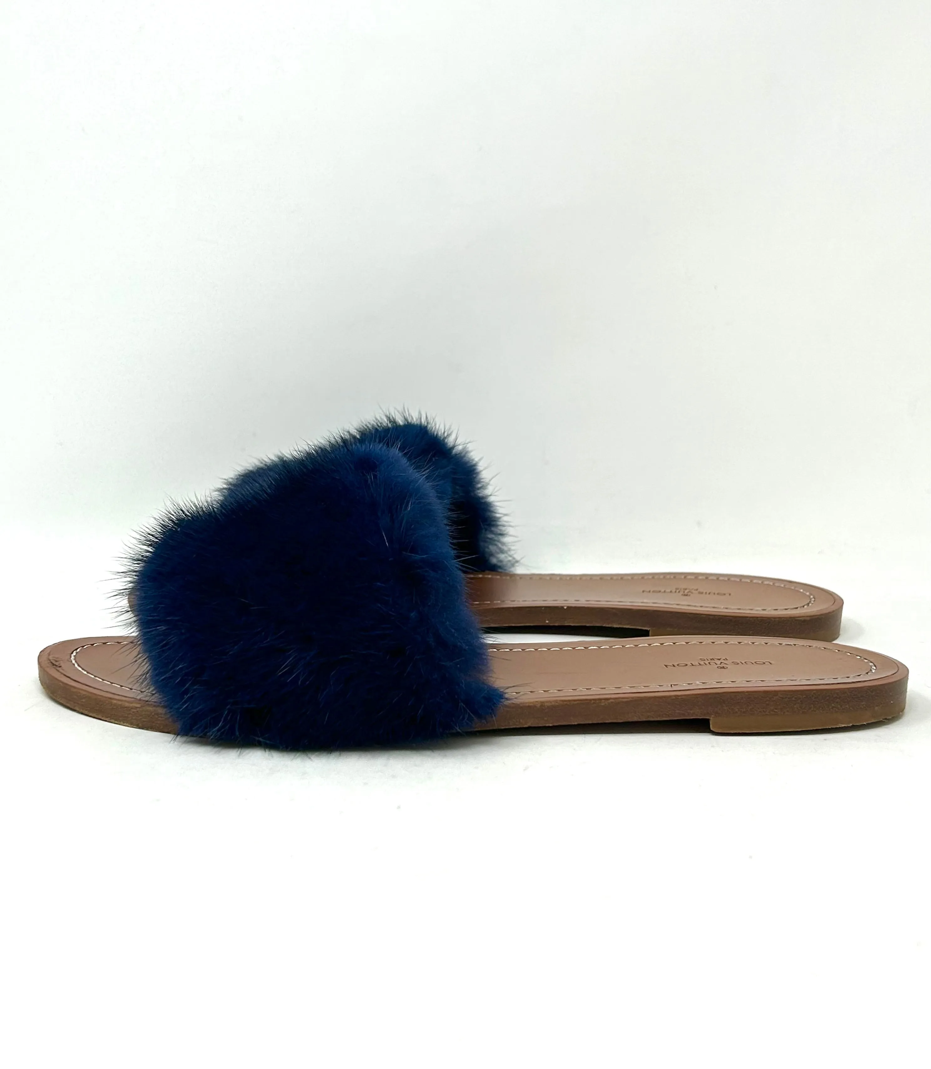 Louis Vuitton Lock It Brown Leather Dark Blue Mink Fur Slides Sandals 39 UK 6