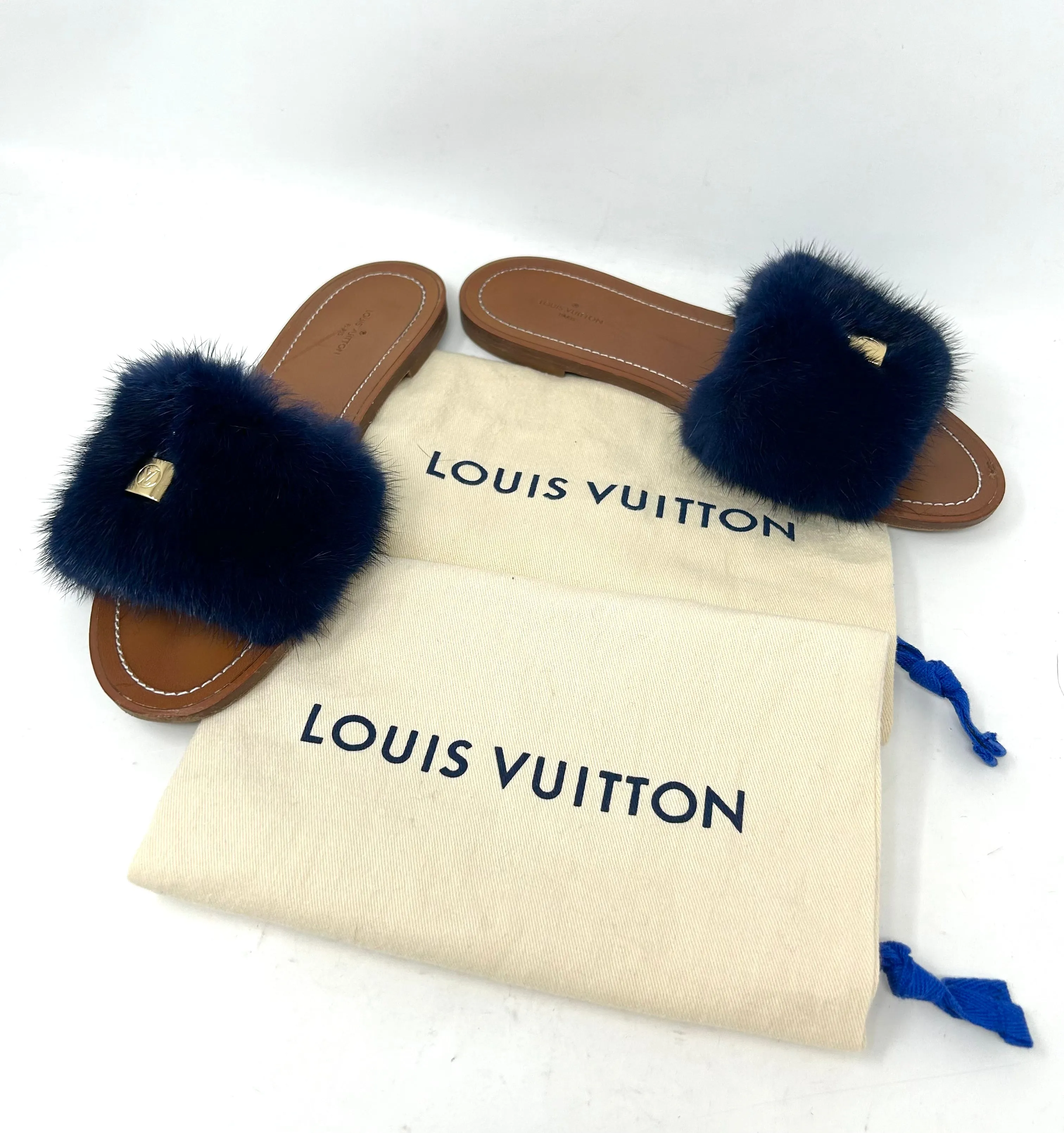 Louis Vuitton Lock It Brown Leather Dark Blue Mink Fur Slides Sandals 39 UK 6