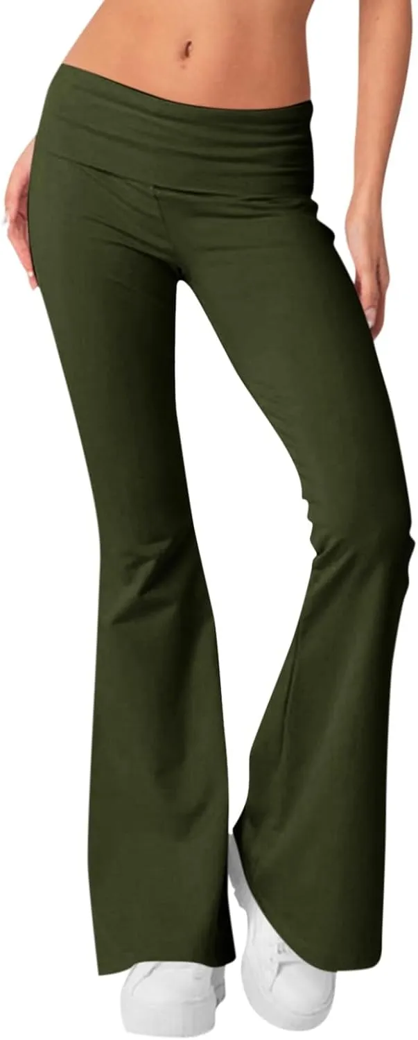 Low Rise Flare Leggings for Women Y2k Flared Fold Over Yoga Pants Bootcut Cotton Leggings Bell Bottom Yoga Sweatpants