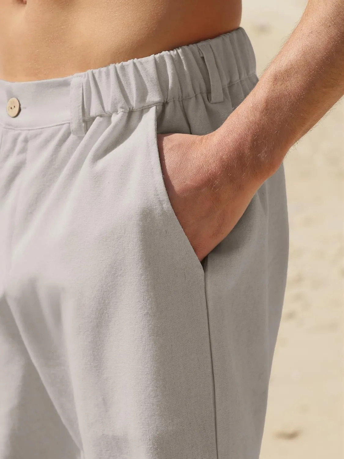 Men's Cotton Linen Shorts Casual Button Elastic Waist Summer Beach Vacation Shorts with Multi-Pocket