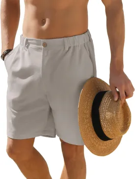 Men's Cotton Linen Shorts Casual Button Elastic Waist Summer Beach Vacation Shorts with Multi-Pocket