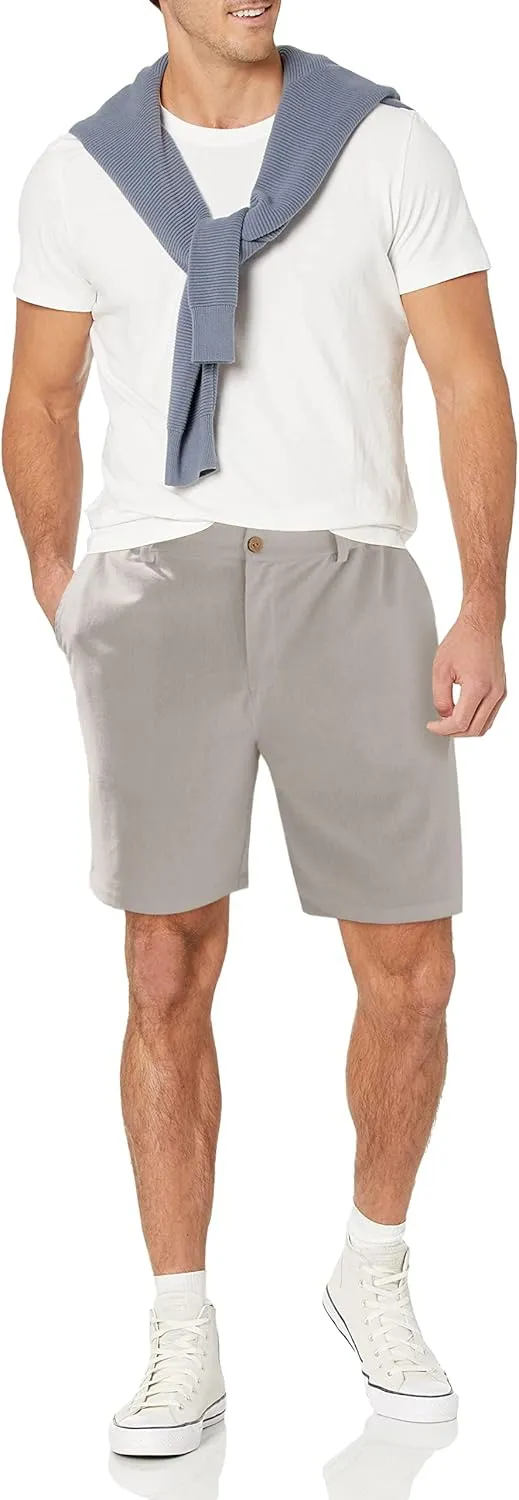 Men's Cotton Linen Shorts Casual Button Elastic Waist Summer Beach Vacation Shorts with Multi-Pocket