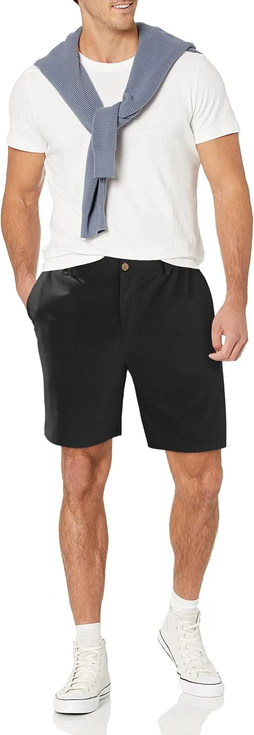 Men's Cotton Linen Shorts Casual Button Elastic Waist Summer Beach Vacation Shorts with Multi-Pocket