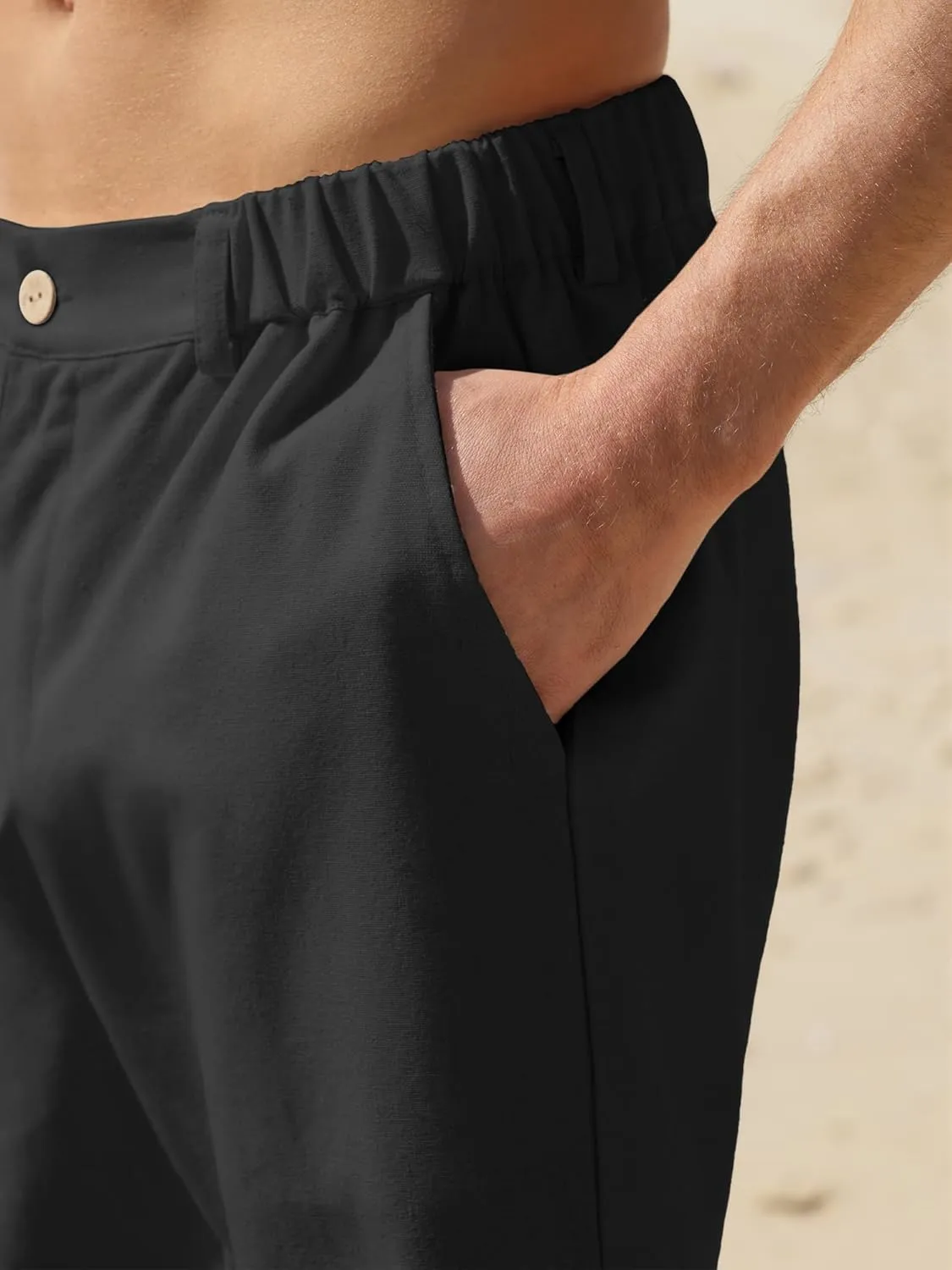 Men's Cotton Linen Shorts Casual Button Elastic Waist Summer Beach Vacation Shorts with Multi-Pocket
