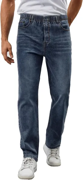Mens Elastic Waist Jeans Relaxed Fit Stretch Denim Pants Straight Leg Jean with Zipper