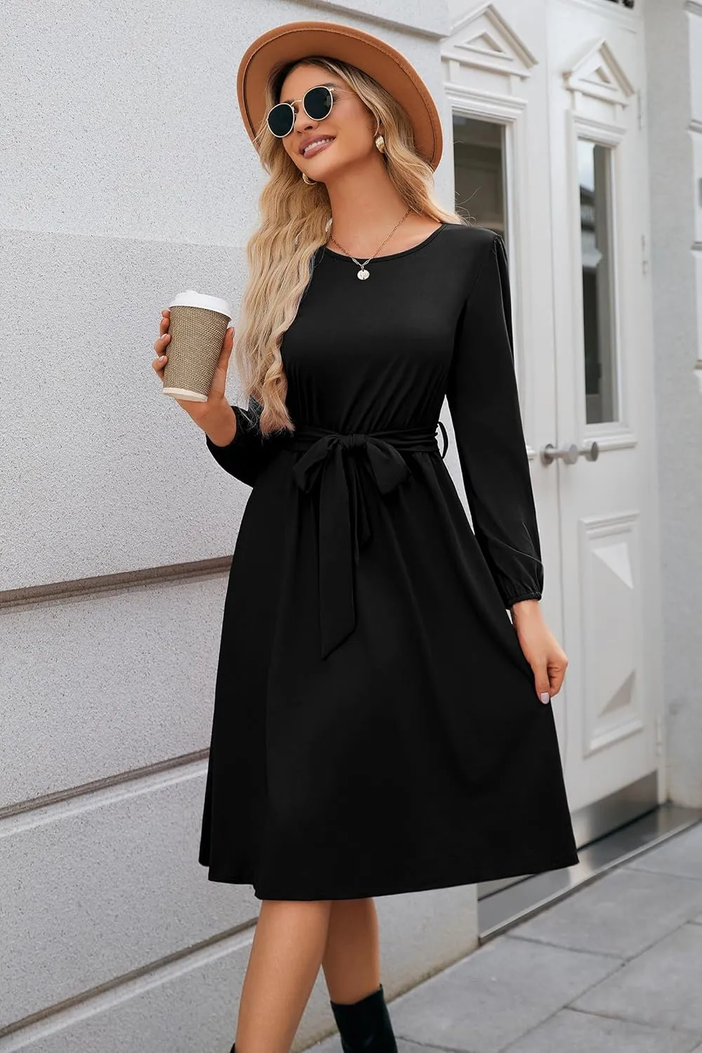 Newshows Womens 2024 Fall Long Sleeve Dress Casual Crewneck Belted A Line Flowy Midi Business Work Teacher Dresses