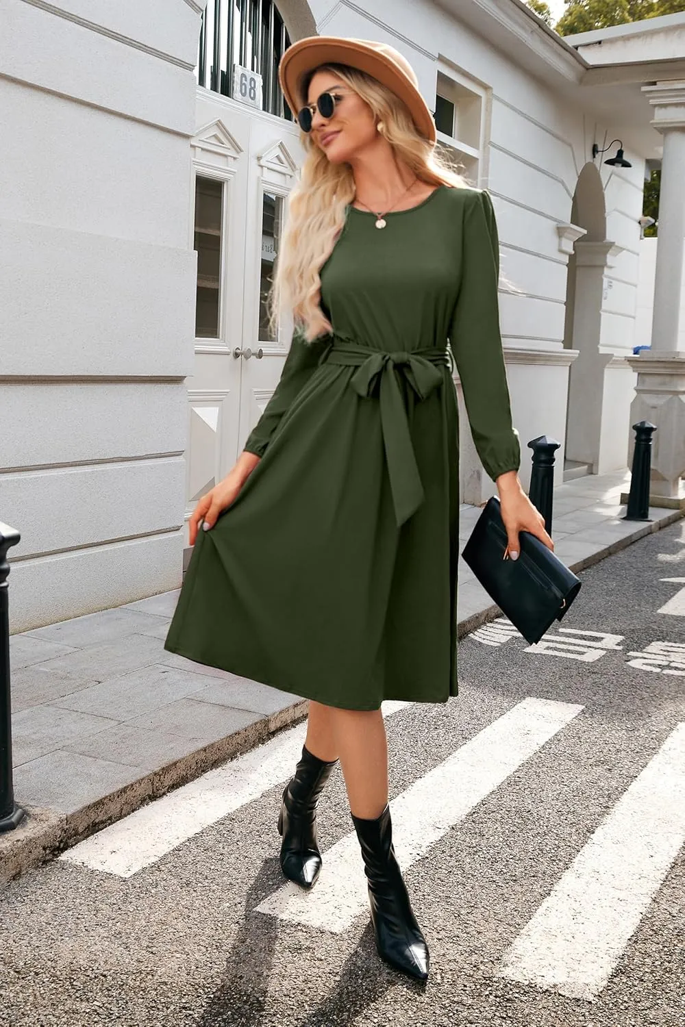 Newshows Womens 2024 Fall Long Sleeve Dress Casual Crewneck Belted A Line Flowy Midi Business Work Teacher Dresses