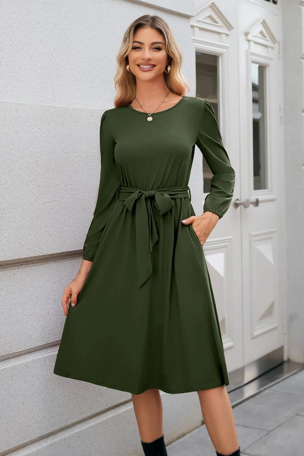 Newshows Womens 2024 Fall Long Sleeve Dress Casual Crewneck Belted A Line Flowy Midi Business Work Teacher Dresses