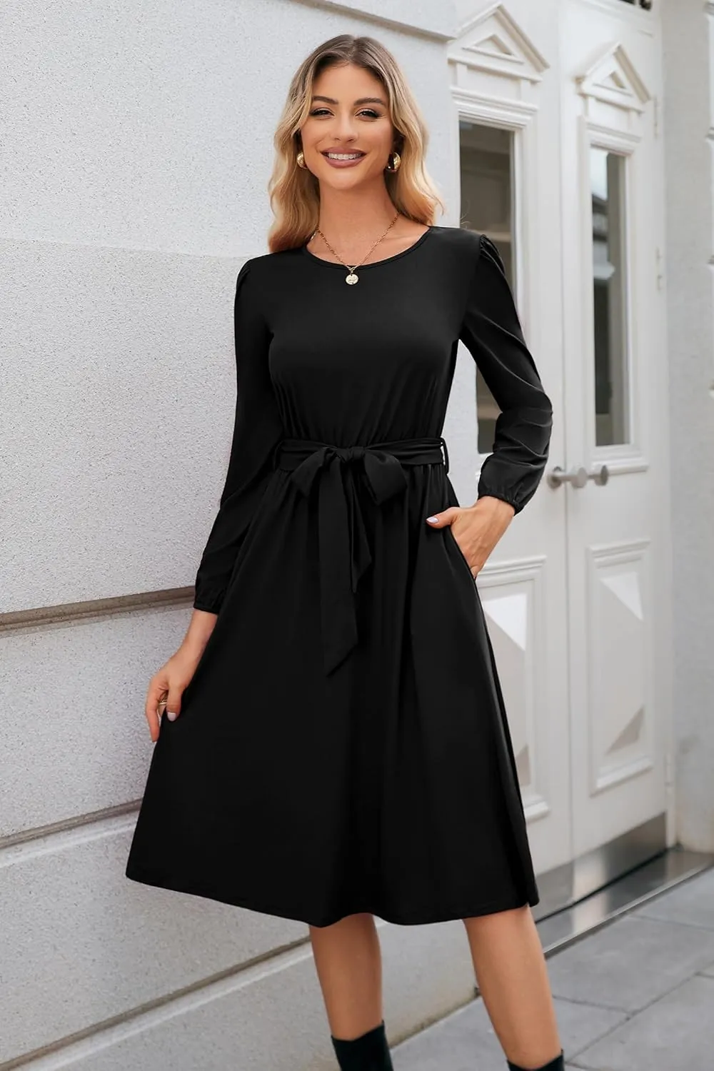 Newshows Womens 2024 Fall Long Sleeve Dress Casual Crewneck Belted A Line Flowy Midi Business Work Teacher Dresses