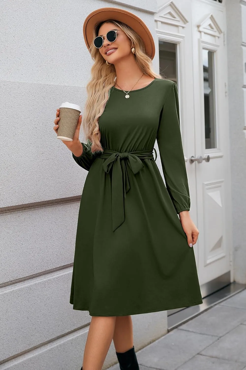 Newshows Womens 2024 Fall Long Sleeve Dress Casual Crewneck Belted A Line Flowy Midi Business Work Teacher Dresses