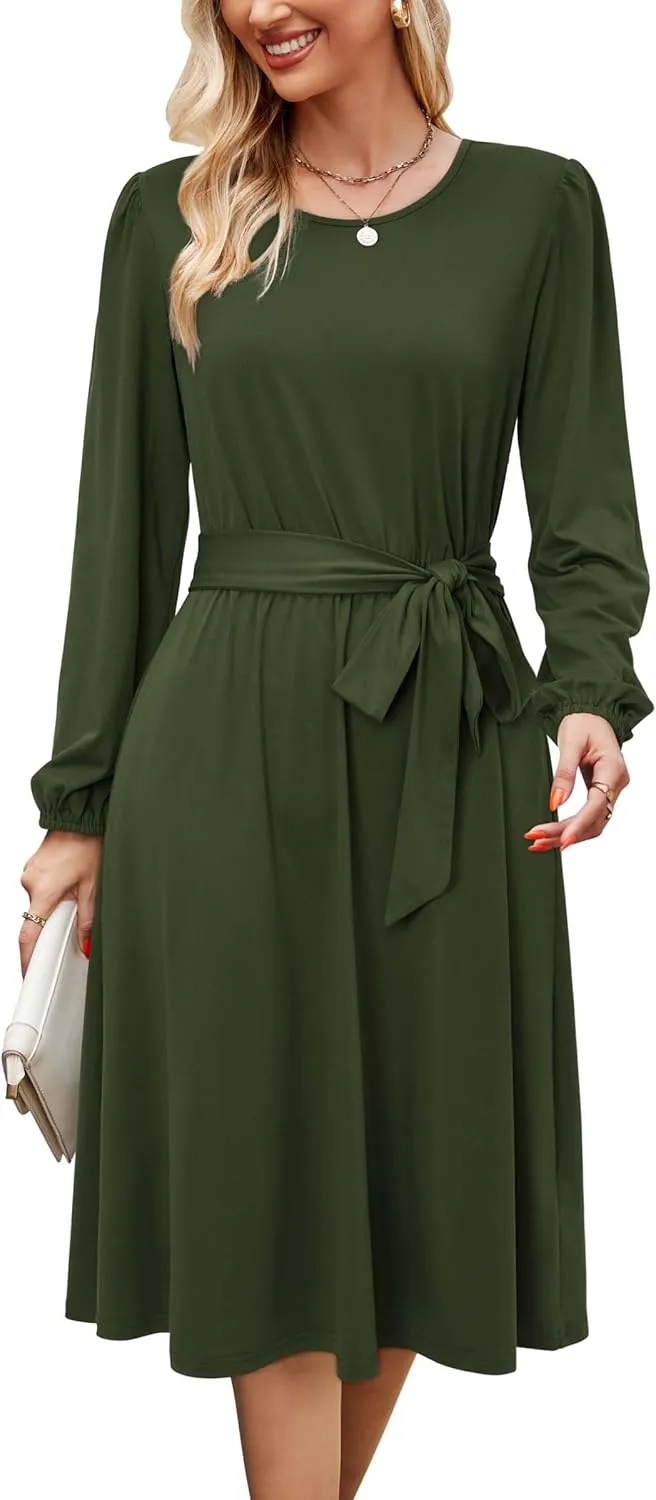 Newshows Womens 2024 Fall Long Sleeve Dress Casual Crewneck Belted A Line Flowy Midi Business Work Teacher Dresses