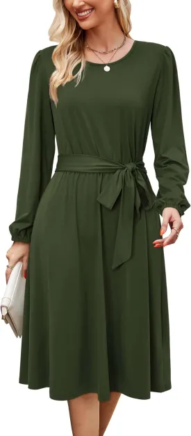 Newshows Womens 2024 Fall Long Sleeve Dress Casual Crewneck Belted A Line Flowy Midi Business Work Teacher Dresses