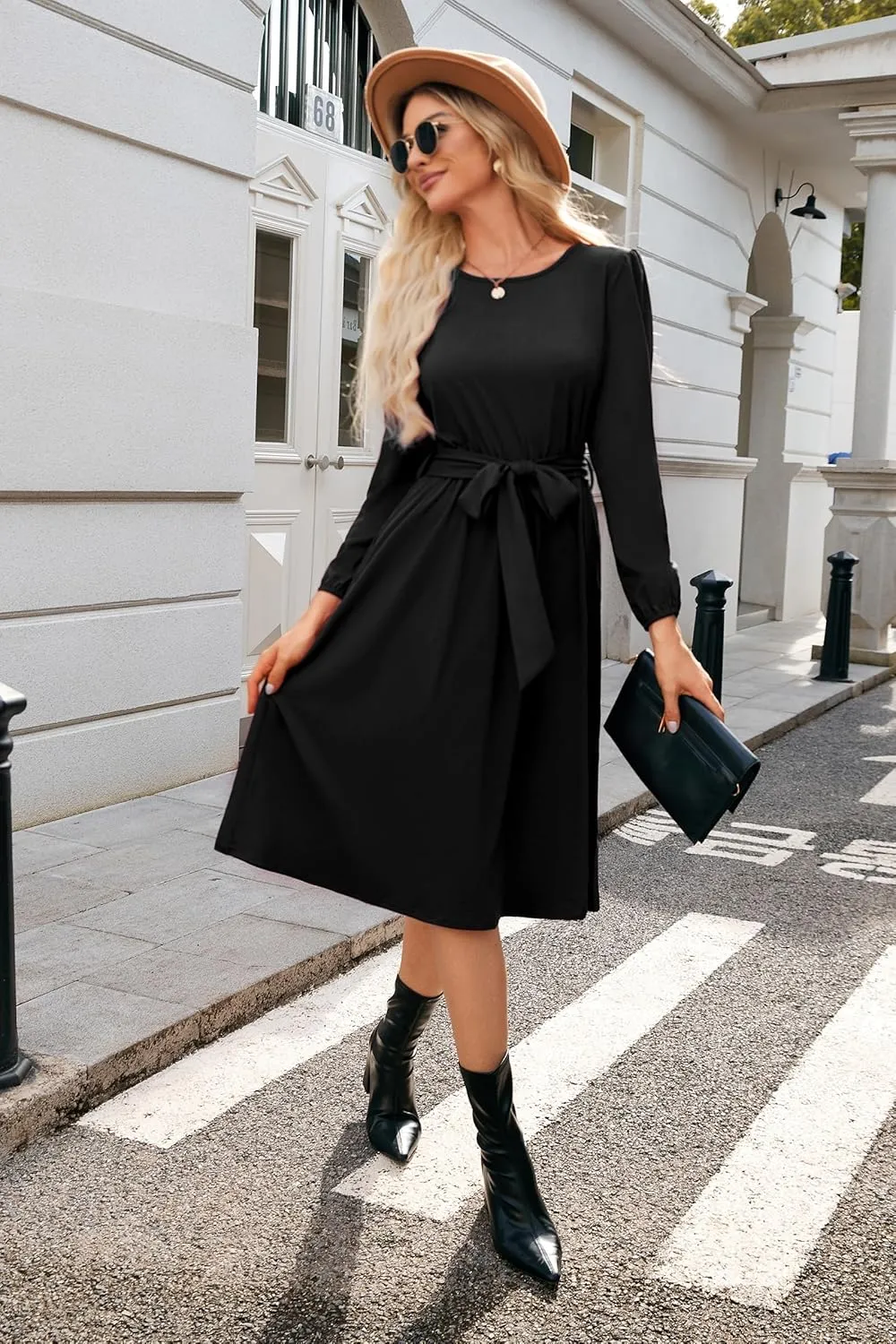 Newshows Womens 2024 Fall Long Sleeve Dress Casual Crewneck Belted A Line Flowy Midi Business Work Teacher Dresses