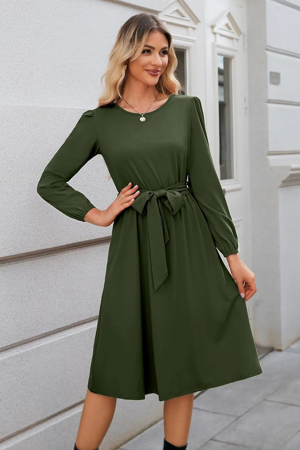 Newshows Womens 2024 Fall Long Sleeve Dress Casual Crewneck Belted A Line Flowy Midi Business Work Teacher Dresses