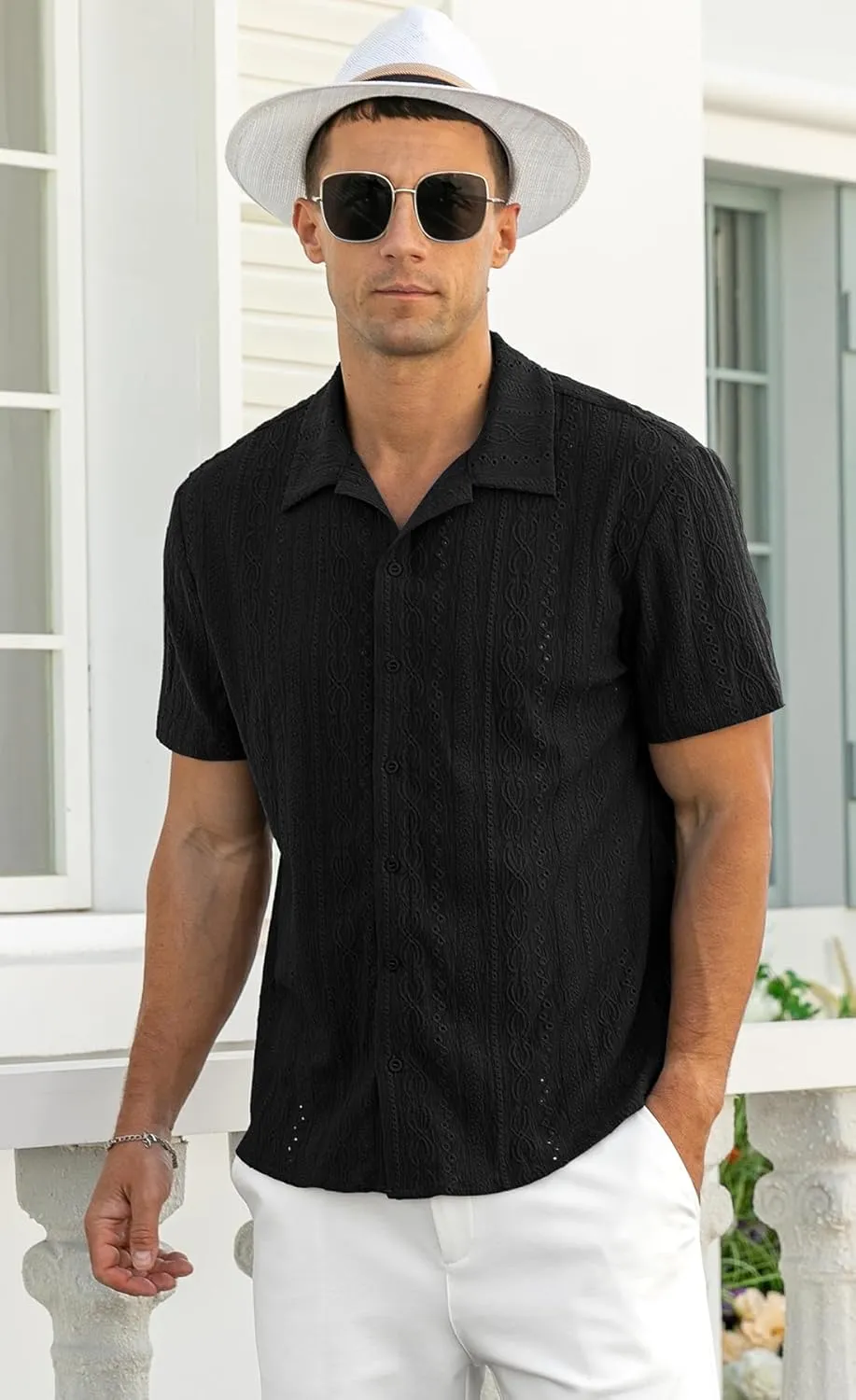 NITAGUT Men's Short Sleeve Shirts Casual Button Down Shirts Vacation Beach Summer Hollow Out Tops