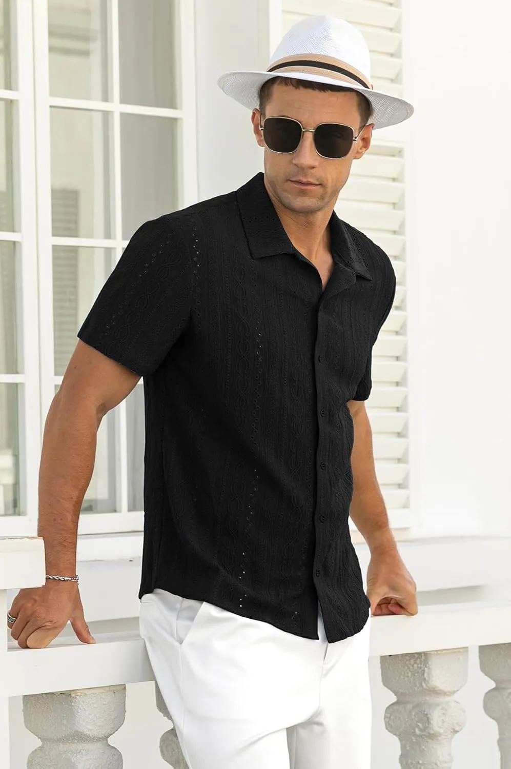 NITAGUT Men's Short Sleeve Shirts Casual Button Down Shirts Vacation Beach Summer Hollow Out Tops