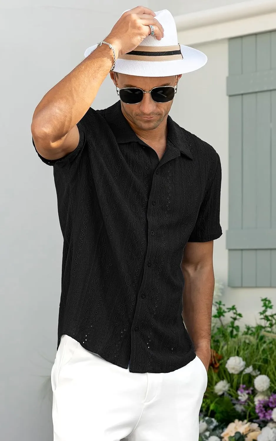 NITAGUT Men's Short Sleeve Shirts Casual Button Down Shirts Vacation Beach Summer Hollow Out Tops