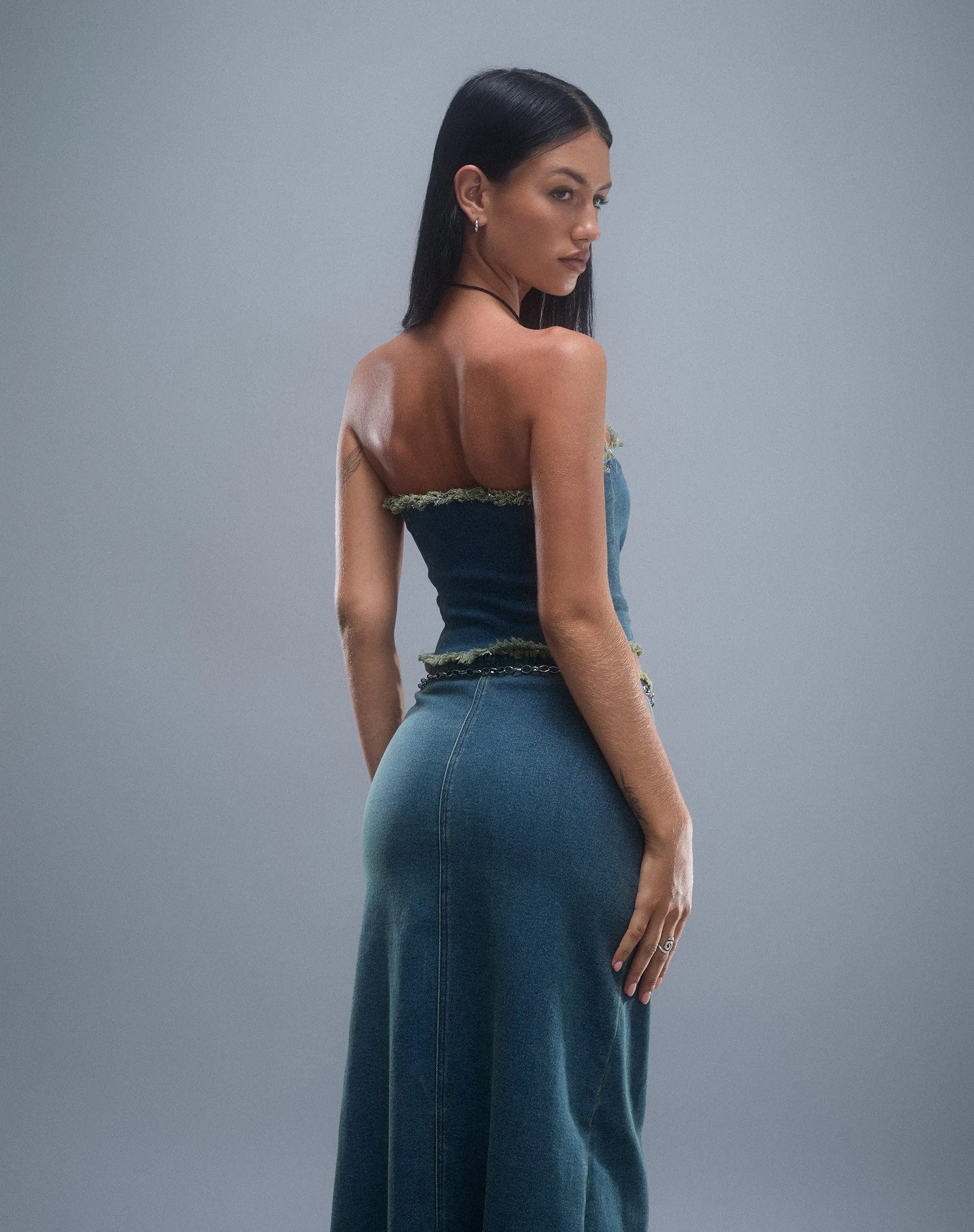 Omas Denim Bandeau Top in Brown Blue Acid Wash
