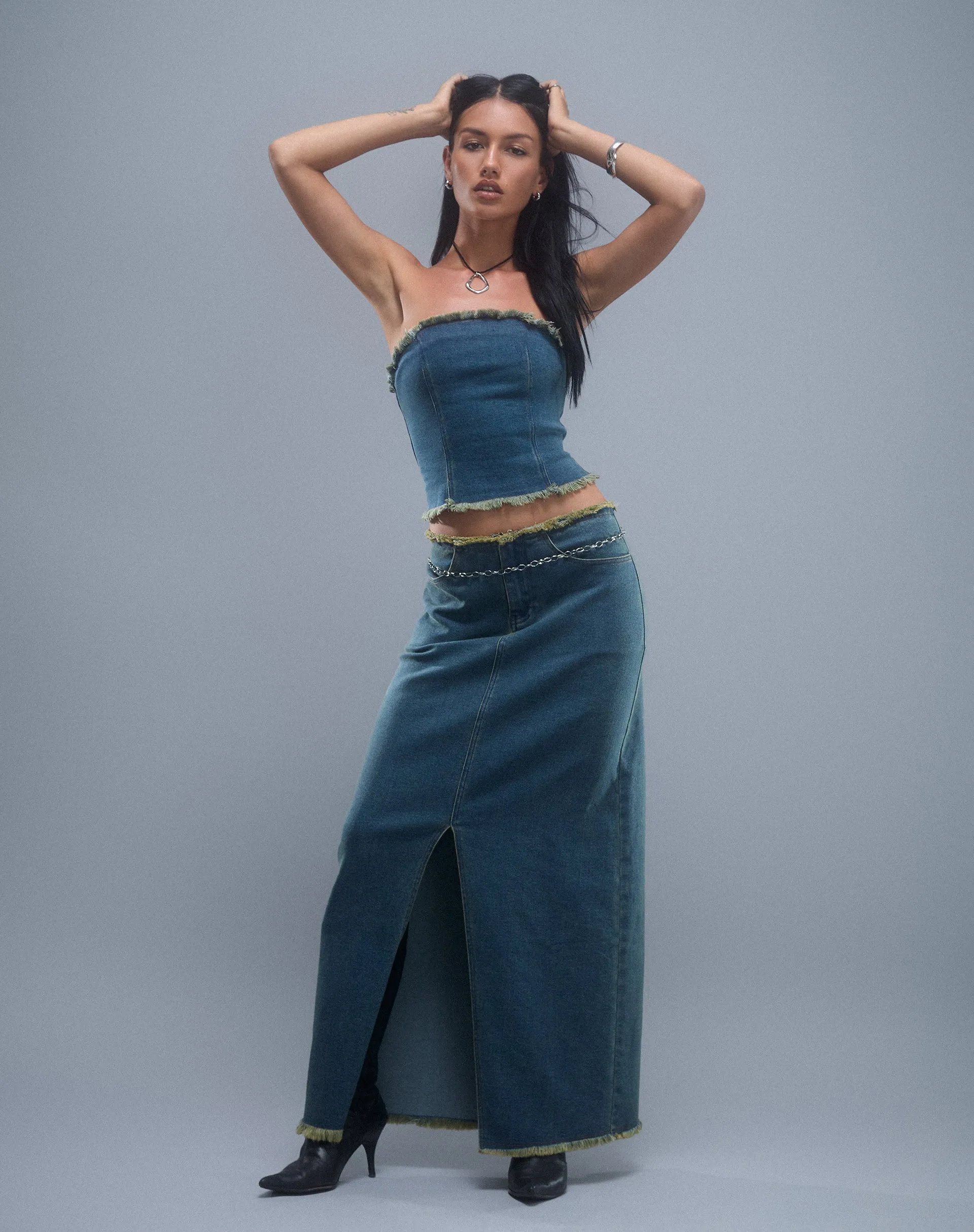 Omas Denim Bandeau Top in Brown Blue Acid Wash