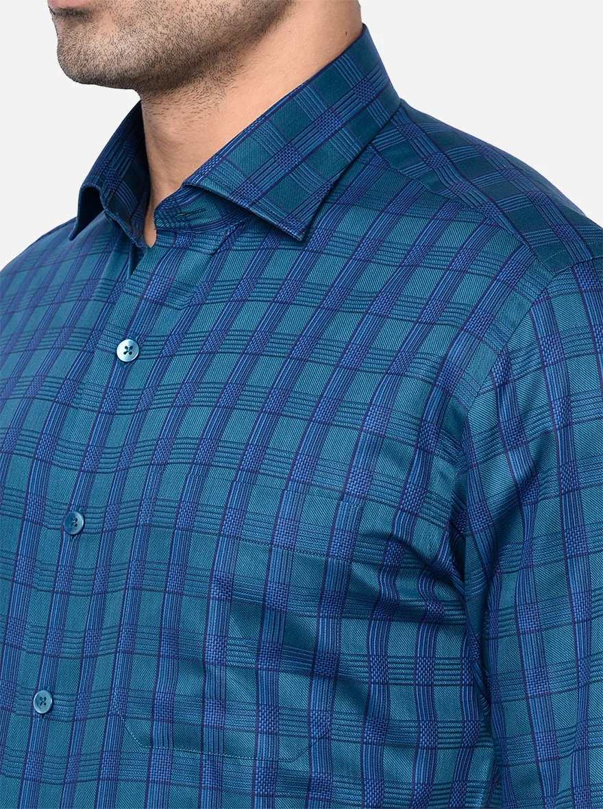 Peacock Blue Checked Slim Fit Formal Shirt | Metal