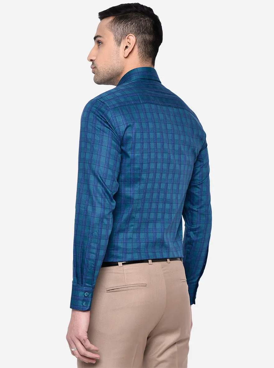 Peacock Blue Checked Slim Fit Formal Shirt | Metal