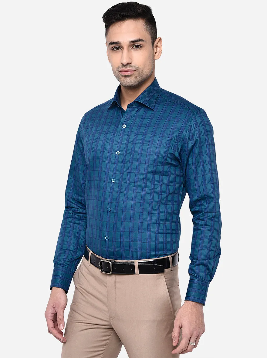 Peacock Blue Checked Slim Fit Formal Shirt | Metal