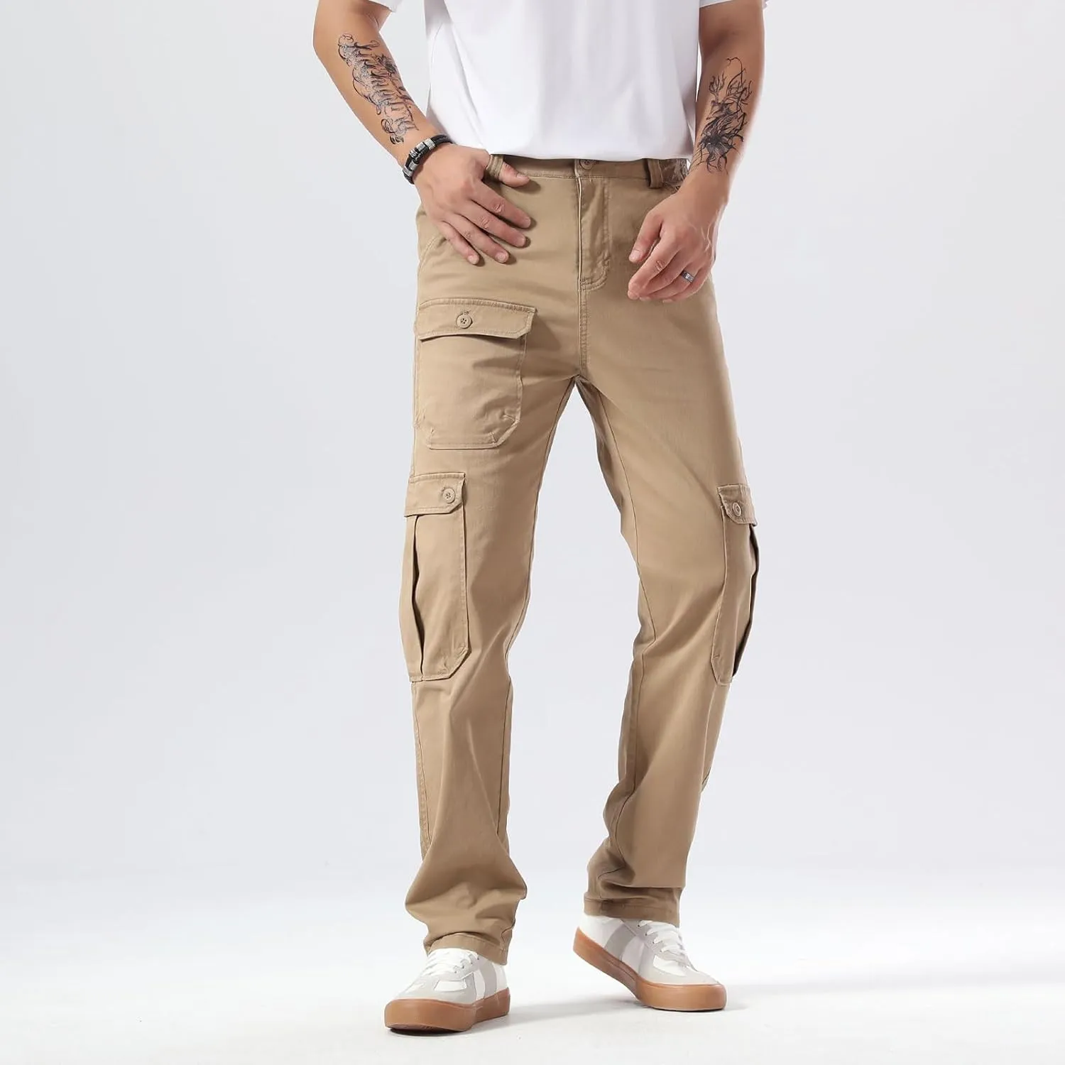 Plaid&Plain Men's Cargo Pants Relaxed Fit with Extra Front Pocket and Oversized Belt Loops LSC013