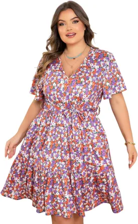 Plus Size Dresses for Curvy Women, Floral Sleeves Tiered Layers Casual Dresses,Summer Mini Dress with Empire Waist and Pocket