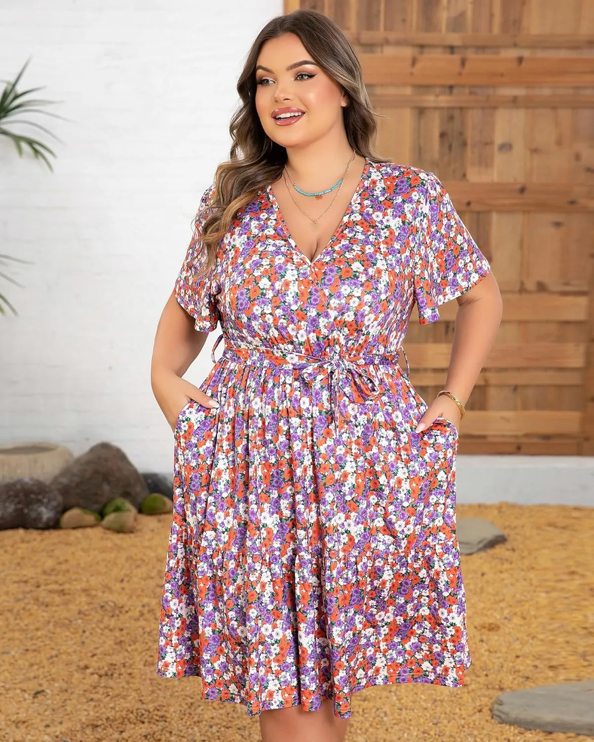 Plus Size Dresses for Curvy Women, Floral Sleeves Tiered Layers Casual Dresses,Summer Mini Dress with Empire Waist and Pocket