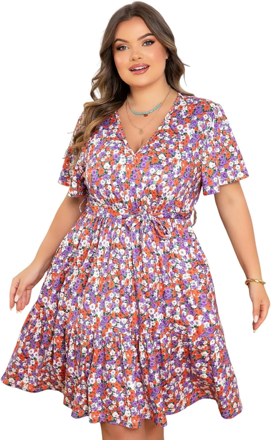 Plus Size Dresses for Curvy Women, Floral Sleeves Tiered Layers Casual Dresses,Summer Mini Dress with Empire Waist and Pocket