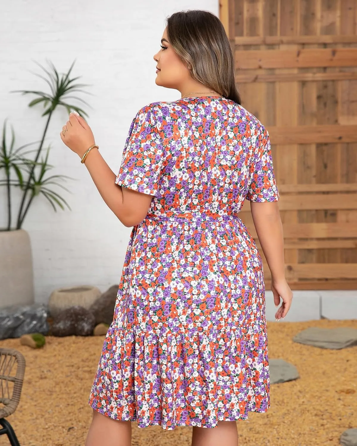 Plus Size Dresses for Curvy Women, Floral Sleeves Tiered Layers Casual Dresses,Summer Mini Dress with Empire Waist and Pocket