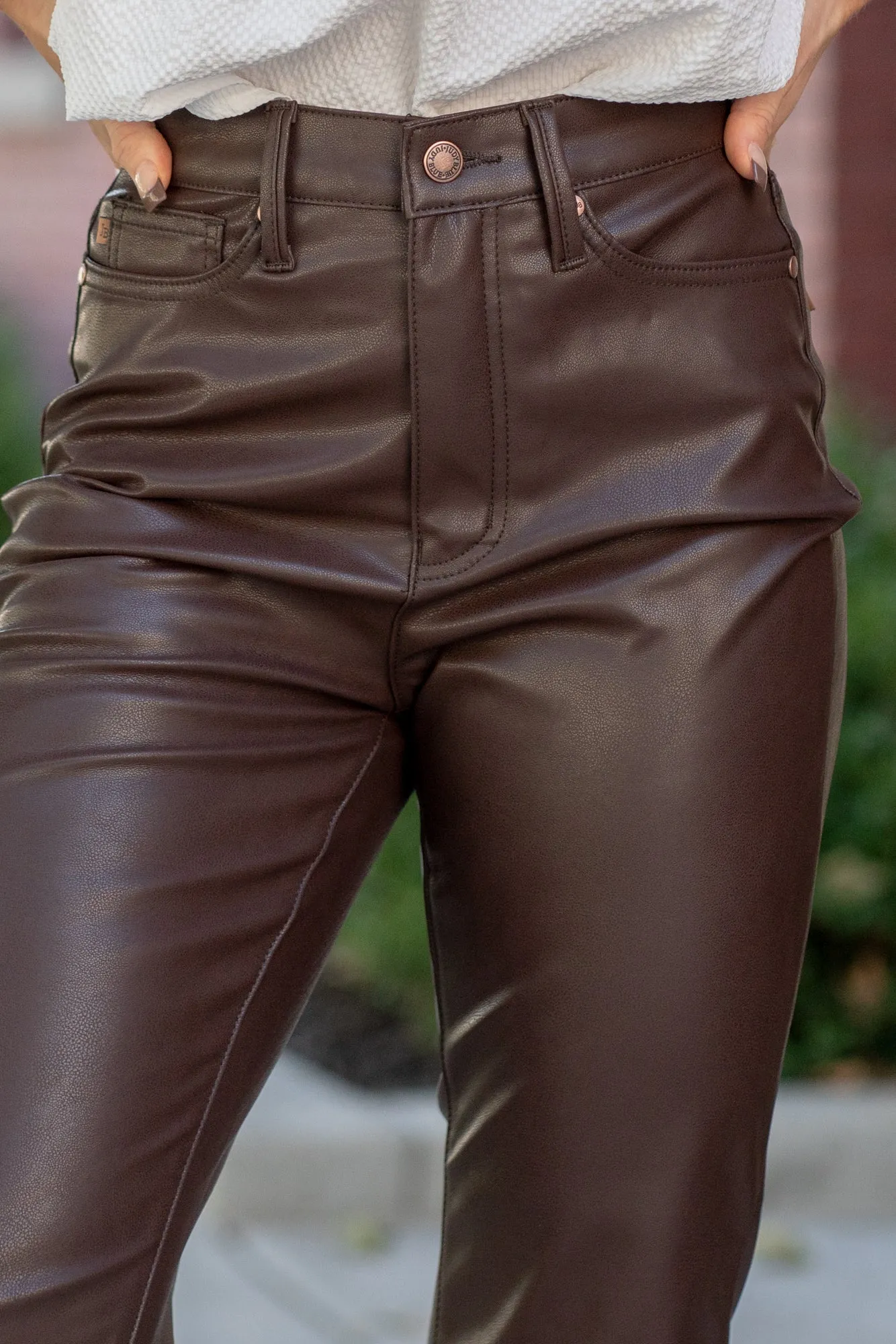 Plus Size Espresso Faux Leather Tummy Control High Rise Straight