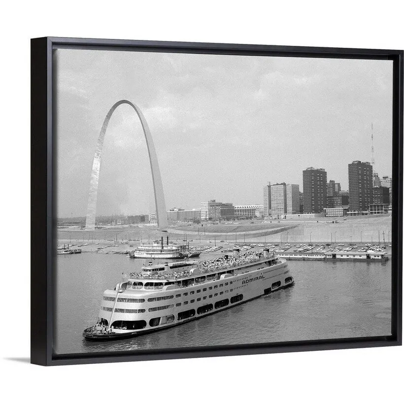 "1960's St. Louis Missouri Gateway Arch Skyline Mississippi River Ss Admiral C" Black Float Frame Canvas Art