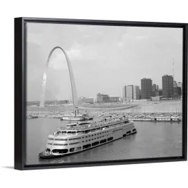 "1960's St. Louis Missouri Gateway Arch Skyline Mississippi River Ss Admiral C" Black Float Frame Canvas Art