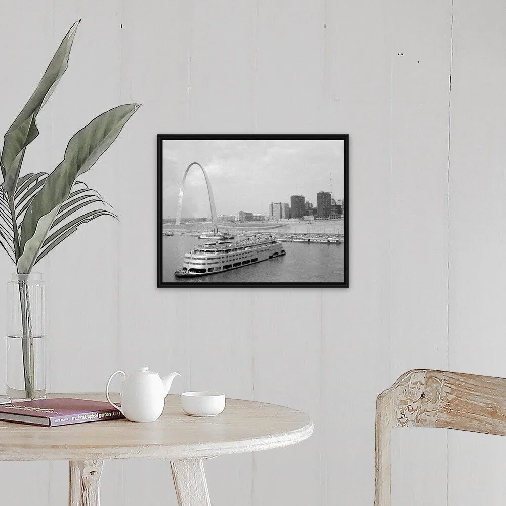 "1960's St. Louis Missouri Gateway Arch Skyline Mississippi River Ss Admiral C" Black Float Frame Canvas Art