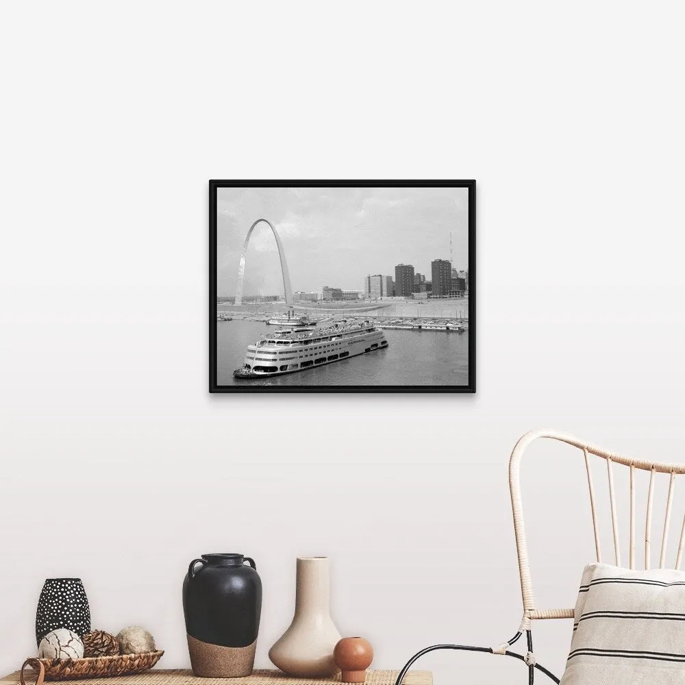 "1960's St. Louis Missouri Gateway Arch Skyline Mississippi River Ss Admiral C" Black Float Frame Canvas Art