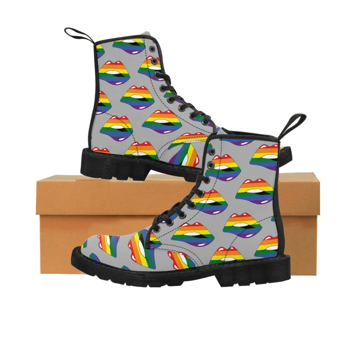 Rainbow Pride Flag Kisses LGBTQ Gray Canvas Boots Unisex Size