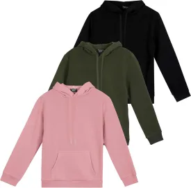 Real Essentials 3 Pack: Women's Fleece Long-Sleeve Pullover Hoodie Active Sweatshirt Kangaroo Pocket - (Available In Plus)