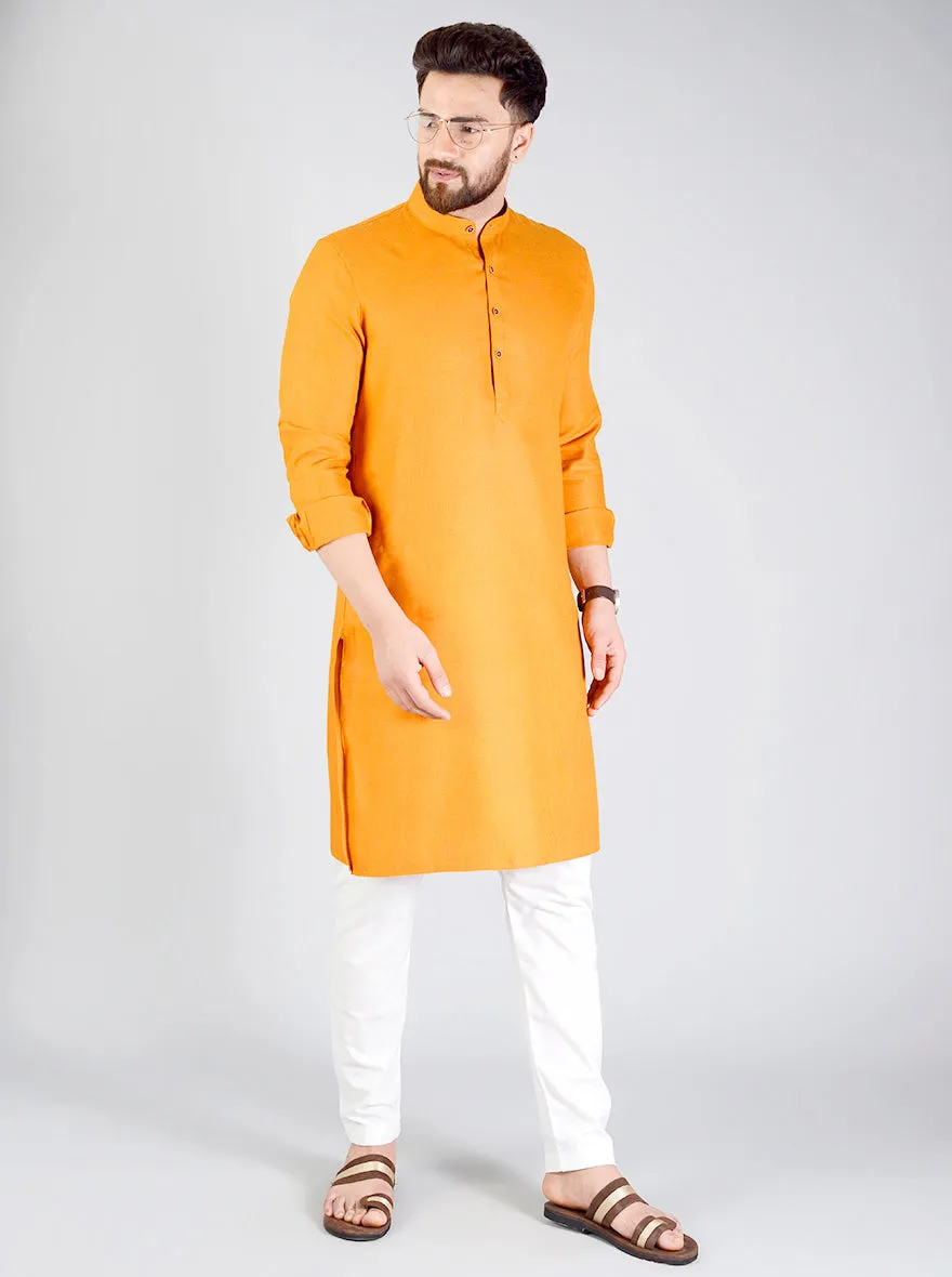 Saffron Orange Self-Textured Regular Fit Modi Kurta - Jadeblue